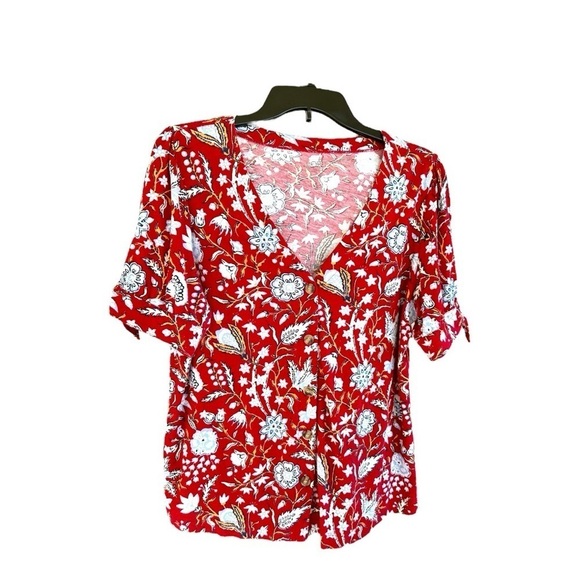 LOFT, WOMENS RED, FLORAL PRINT TOP. V-NECK, BUTTON FRONT, SHORT SLEEVE. SIZE L - Picture 2 of 7